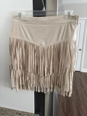 Alya Beige Fringe Suede Mini Skirt